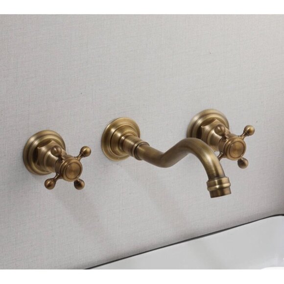 3PCS Gold Brass Bathroom Faucet Wall Mounted Mixer Dual Handles Vanity Tap NWOT - Picture 2 of 6